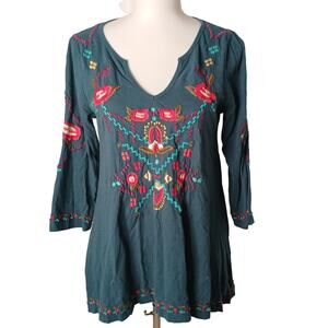 Caite Athleta Top Long Sleeve V-neck Flower Embroidered Tunic Blouse Medium